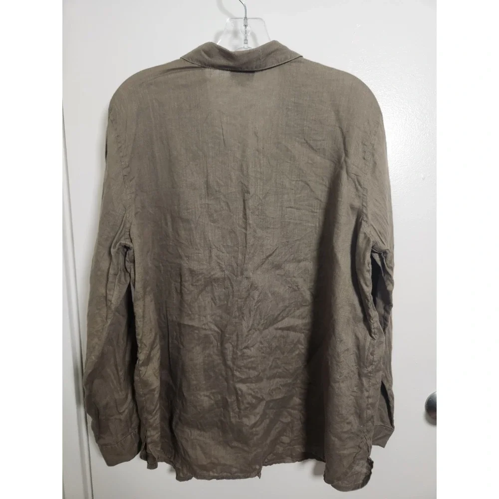 J.Jill Long Sleeve Linen‎ Button-Down Shirt Olive Green Med Beach Resort Summer - Picture 5 of 10